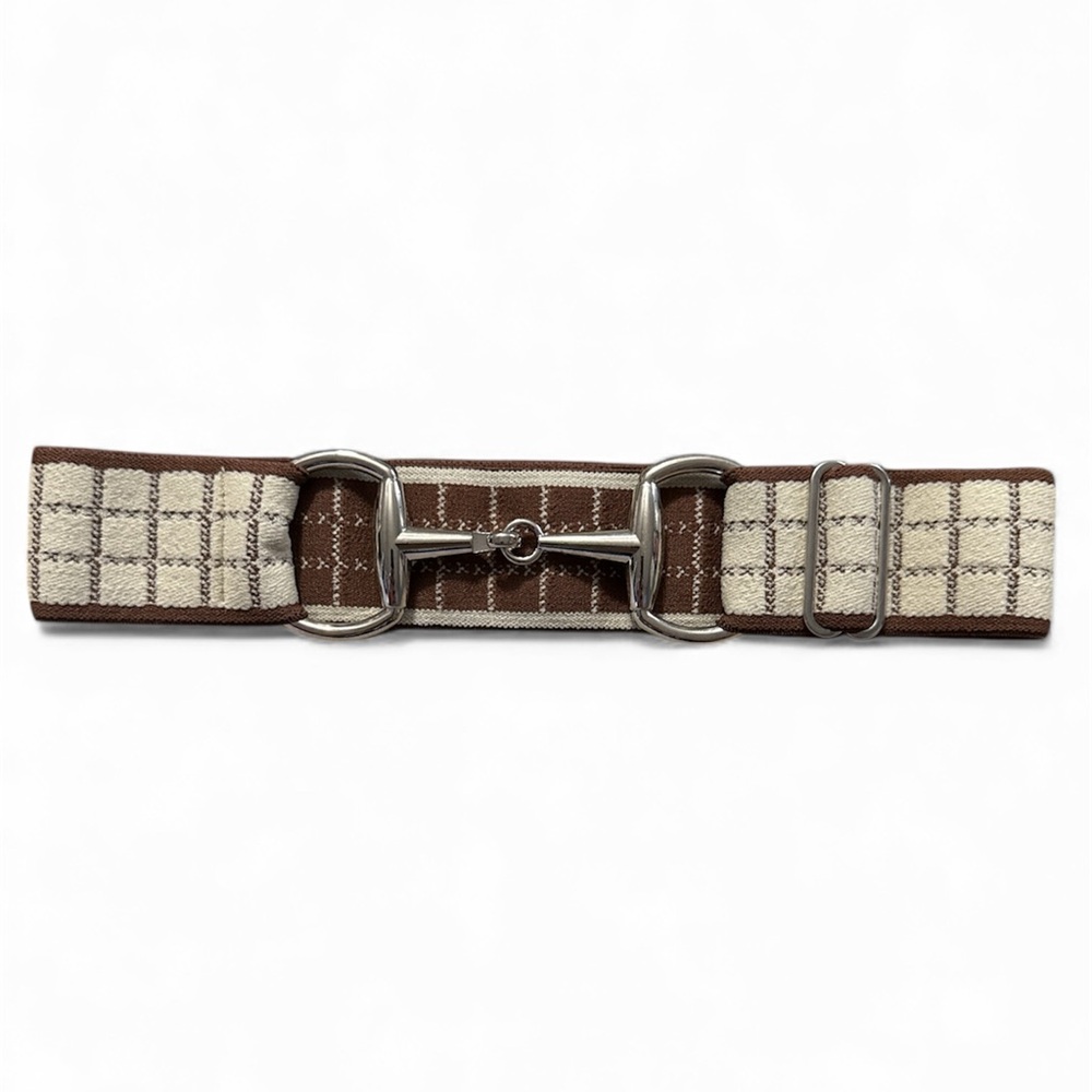 NWT Luxequine Equestrian Brown & Tan Check Belt w/Silver Snaffle Bit Buckle